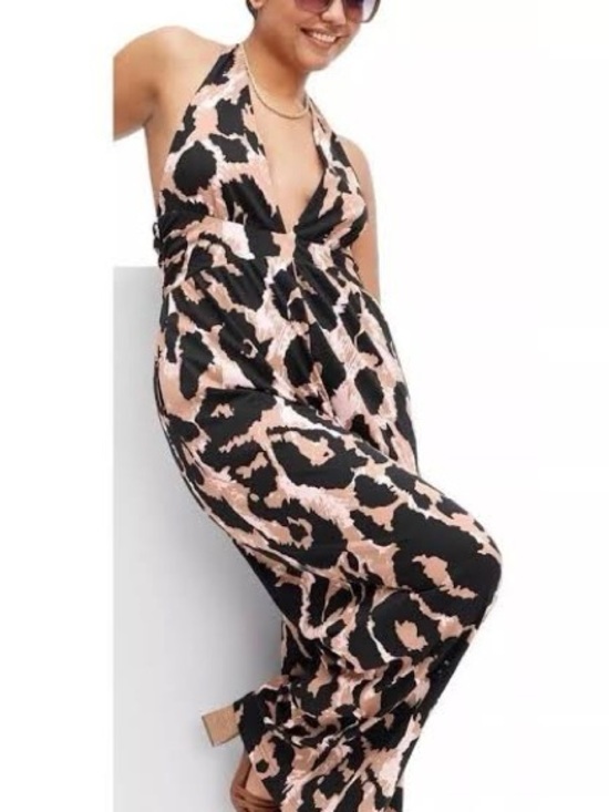 Diane Von Furstenberg Pants - Diane Von Furstenberg Halter Jumpsuit in Black and Blush Animal Print